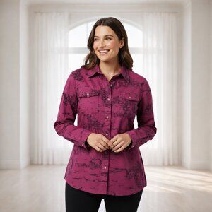 Chico's Large Pink Black Asian Scene Print Tunic Shirt Blouse Long Sleeve Button